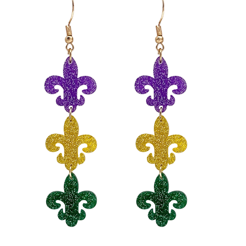 Mardi Gras Fleur de Lis Glittered Drop Earrings (Pair)