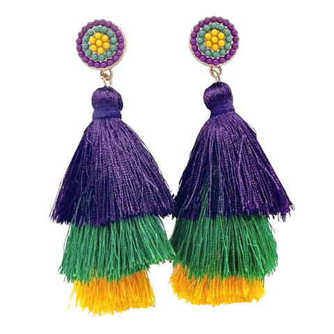 Mardi Gras Color Block Tassle Earrings (Pair)