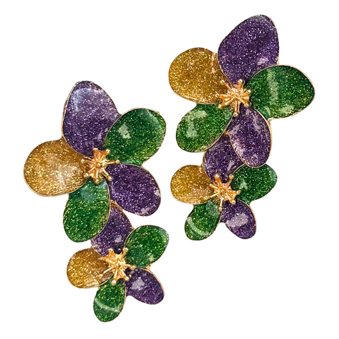 Mardi Gras Glittered Double Flower Dangle Earrings (Pair)