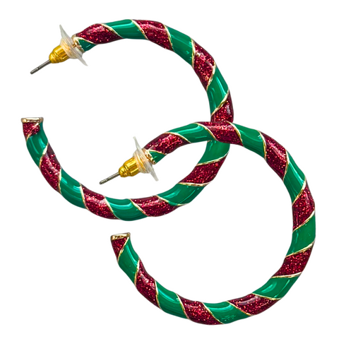 Large Christmas Candy Cane Hoop Earrings (Pair)
