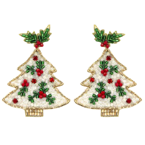 White Beaded Christmas Tree Earrings (Pair)