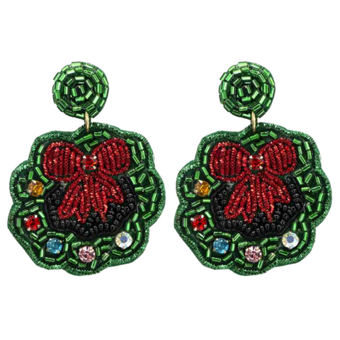 Green Christmas Beaded Wreath with Bow Earrings (Pair)