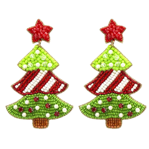 Red and Green Beaded Christmas Tree Earrings (Pair)