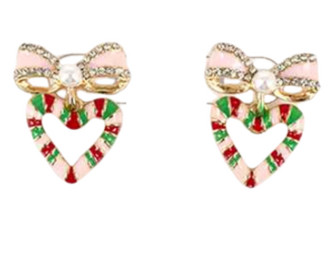 Christmas Striped Heart with Bow Post Earrings (Pair)