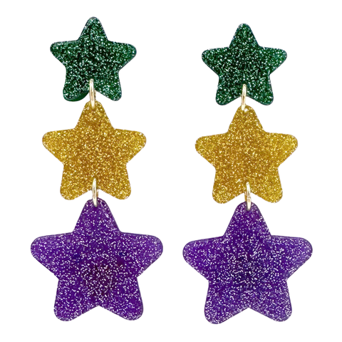 Mardi Gras Glittered Star Drop Earrings (Pair)