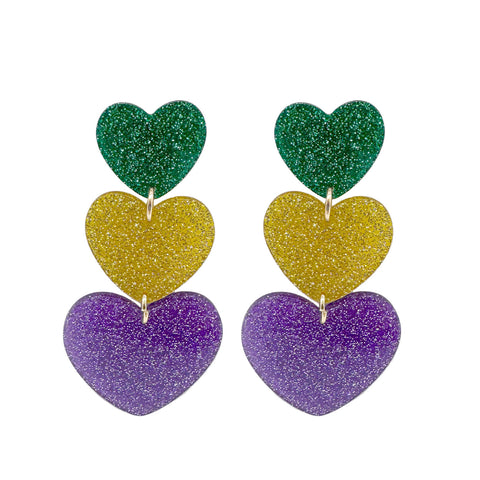 Mardi Gras Glittered Heart Drop Earrings (Pair)