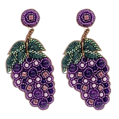 Mardi Gras Beaded Grape Earrings (Pair)