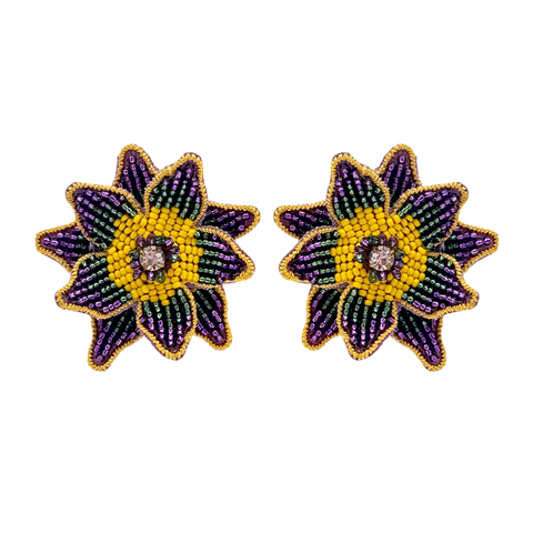 Mardi Gras Beaded Flower Earrings (Pair)