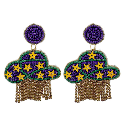 Mardi Gras Beaded Cowboy Hat with Rhinestone Earrings (Pair)