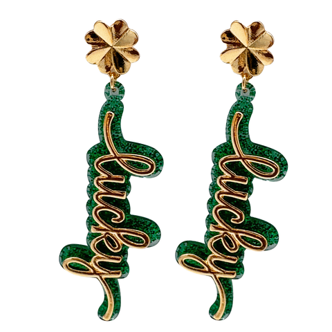 Green and Gold Glitter Lucky Dangle Earrings (Pair)