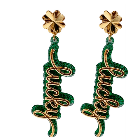 Green and Gold Glitter Lucky Dangle Earrings (Pair)