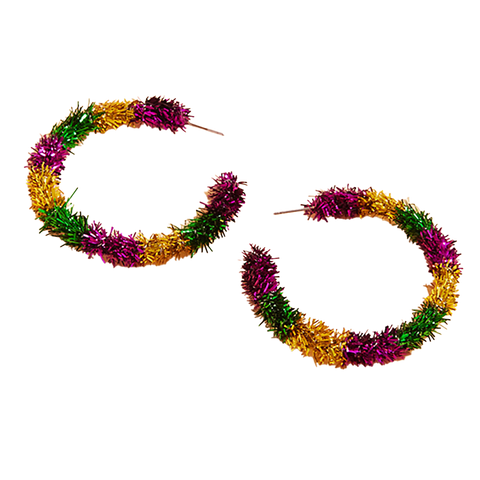 Mardi Gras Tinsel Medium Hoop Earrings (Pair)