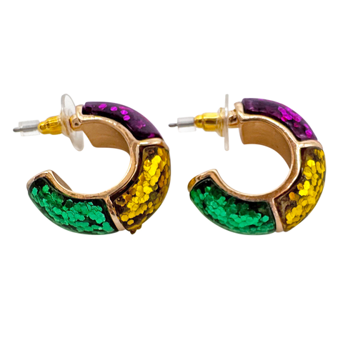 Mardi Gras Confetti Glitter Color Block Hoop Earrings (Pair)