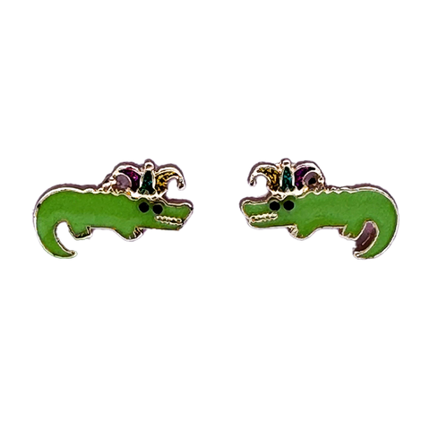 Green Mardi Gras Alligator Stud Earrings (Pair)