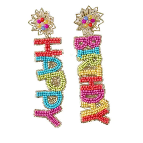 Multi Color Beaded Happy Birthday Drop Earrings (Pair)