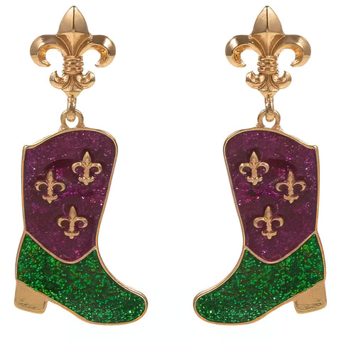 Mardi Gras Glitter Fleur De Lis Boots Earrings (Pair)