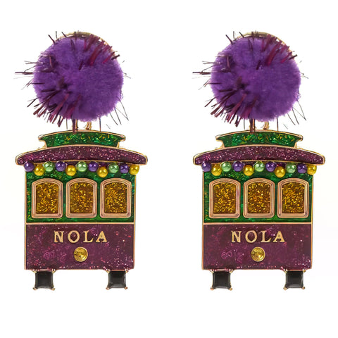 Mardi Gras Glitter Trolley Pom Pom Earrings (Pair)
