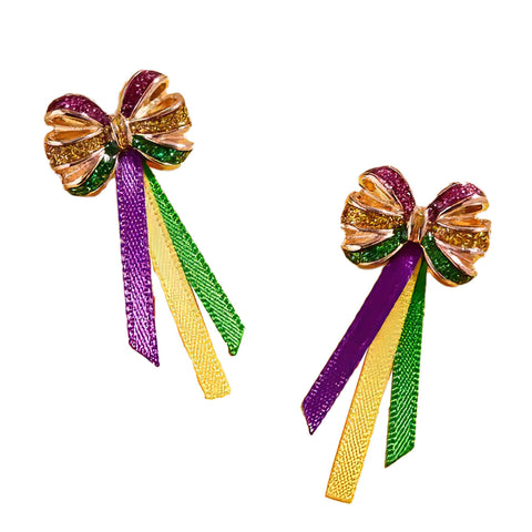 Mardi Gras Glitter Bow Earrings with Ribbon (Pair)