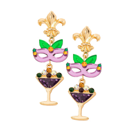 Mardi Gras Mask and Champagne Drop Earrings (Pair)
