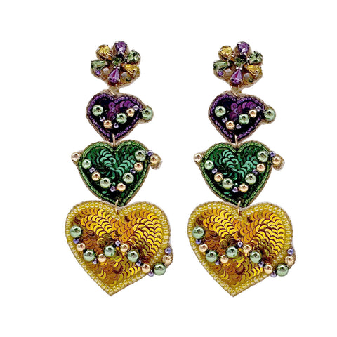 Mardi Gras Sequin Heart Drop Earrings (Pair)