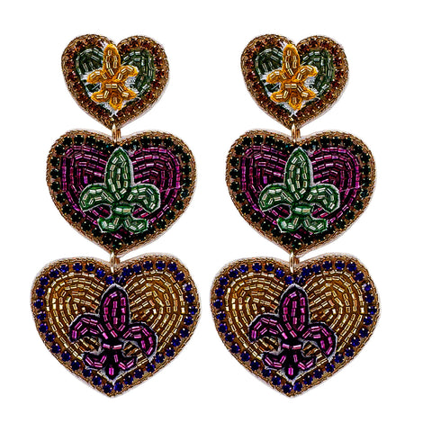Mardi Gras Hearts and Fleur de Lis Drop Earrings (Pair)