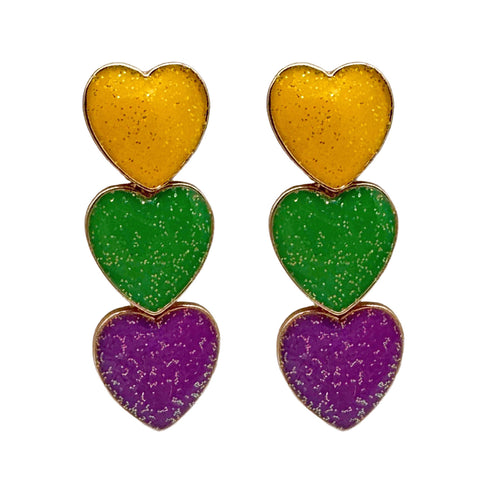 Mardi Gras Glittered Heart Drop Earrings (Pair)