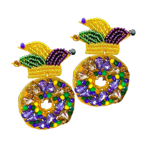 Mardi Gras Beaded Jester Hat and King Cake Earrings (Pair)
