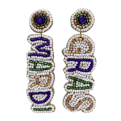 White Mardi Gras Beaded Drop Earrings (Pair)