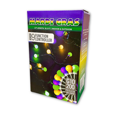 16.5' LED Purple, Green and Gold Mardi Gras Cluster String Lights with Multi Function - 200 Lights (Each)