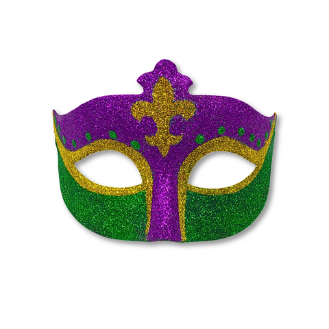 Purple, Green, and Gold Mardi Gras Glitter Mask with Fleur de Lis (Each)