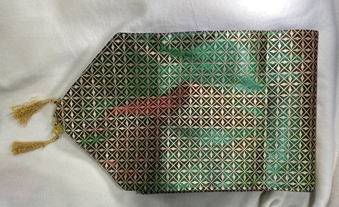 12" x 72" Green and Gold Design Table Runner with Tassels and Purple Reverse Side (Each)