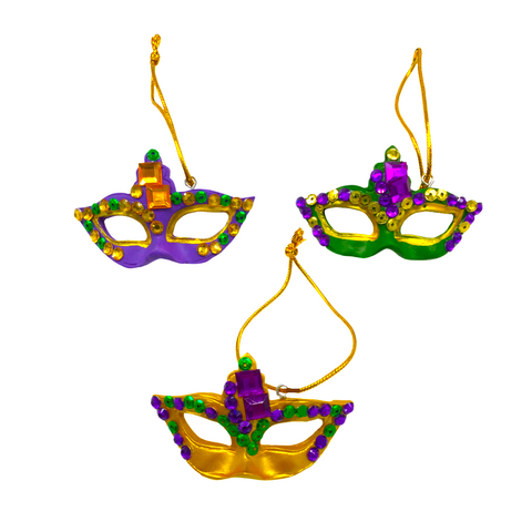 Purple, Green, and Gold Mardi Gras Jeweled Small Mask Ornaments (Each)