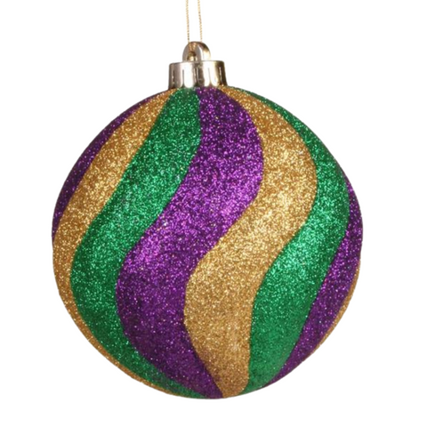 130mm Mardi Gras Wide Stripe Swirl Ball Ornament (Each)