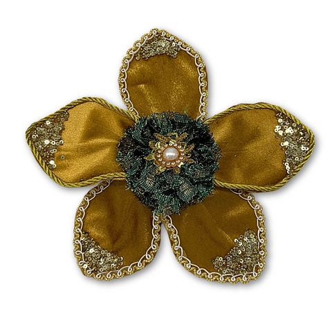 8.5" Gold Magnolia Mardi Gras Flower Clip with Sequins (Each)