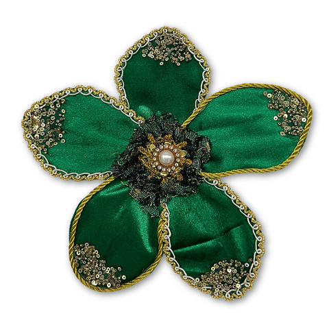 8.5" Green Magnolia Mardi Gras Flower Clip with Sequins (Each)