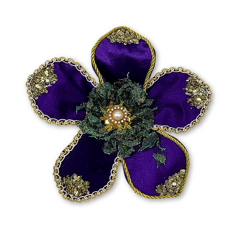 8.5" Purple Magnolia Mardi Gras Flower Clip with Sequins (Each)