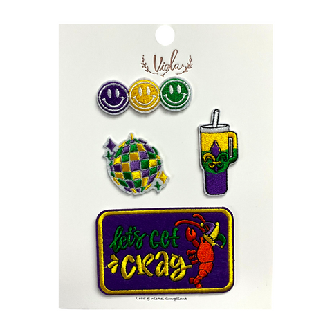 Four Piece Let's Get Cray Mardi Gras Assorted Patches (Each)