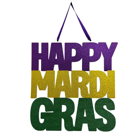 20"x19" Purple, Yellow and Green Glittered Happy Mardi Gras Door Hanger (Each)