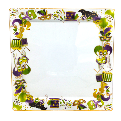 14" White Platter with All Things Mardi Gras (Each)