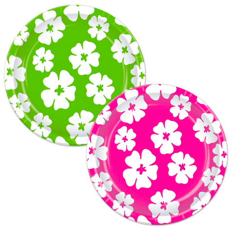 9" Luau Hibiscus Plates - Assorted Cerise & Lime Green (Pack of 8)