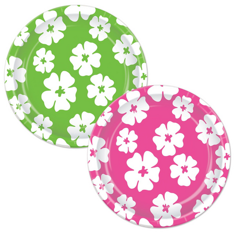 7" Luau Hibiscus Plates - Assorted Cerise & Lime Green (Pack of 8)