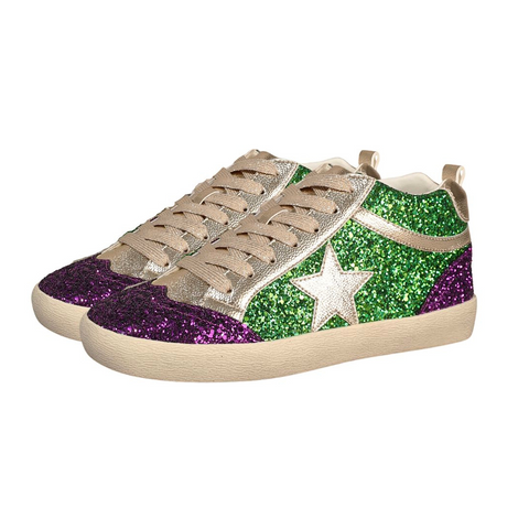 Purple and Green Mardi Gras Hi Top Star Sneakers with Gold Trim and Gold Star (Pair)