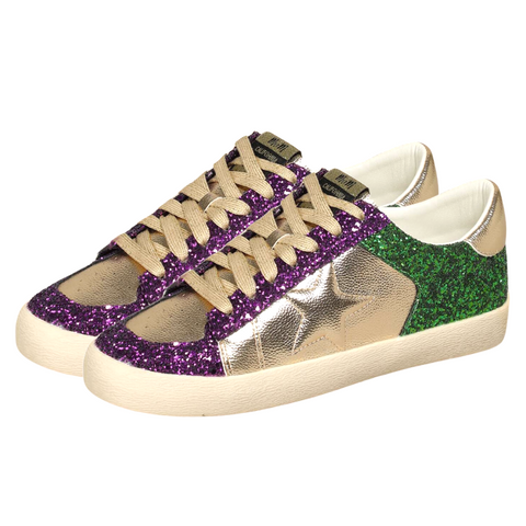 Purple and Green Mardi Gras Star Sneakers with Gold Trim and Gold Star (Pair)