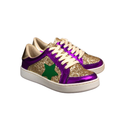 Gold Glitter Mardi Gras Star Sneakers with Purple Trim and Green Star (Pair)