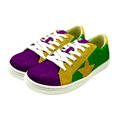 Mardi Gras Kids Sneaker in Purple Green and Gold Glitter Each Mardi Gras Spot