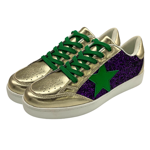 Gold and Purple Glitter Mardi Gras Sneaker with Green Star (Each)