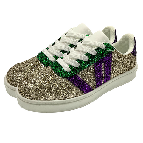 Gold and Green Glitter Mardi Gras Sneaker with Purple Glitter Stripes (Each)