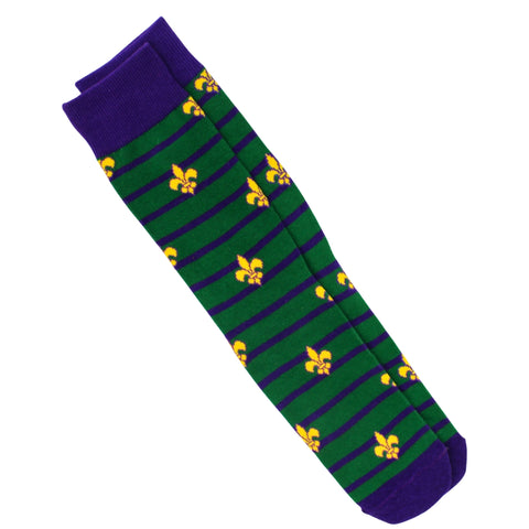 Green Socks with Purple Stripes and Gold Fleur de Lis (Pair)