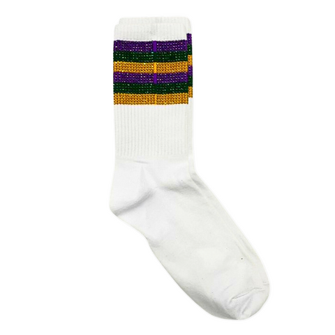 Mardi Gras Stripe Rhinestone Crew Socks (Pair)