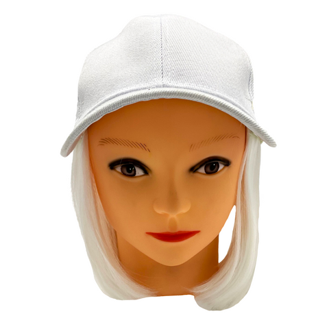 White Baseball Cap with Attached White Bob Wig (Each)